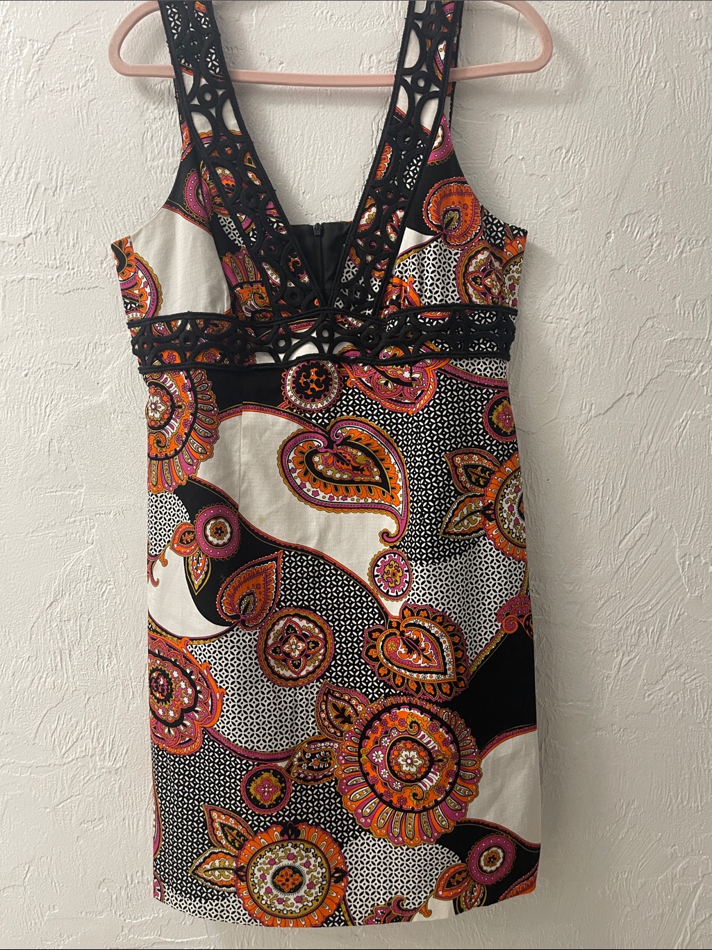 Trina Turk Black Dress With Pink & Orange Paisley Accents